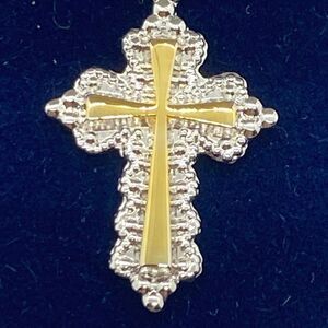 2 Tone Sterling Silver & Gold Cross pendant w/18" silver chain necklace